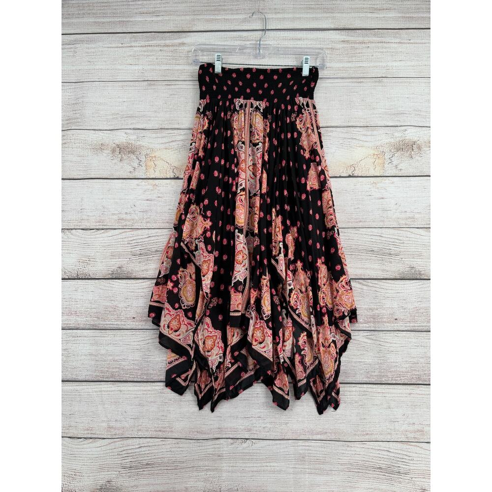 Free People Floral Paisley Handkerchief Hem Skirt Womens S Black Pink Pull On